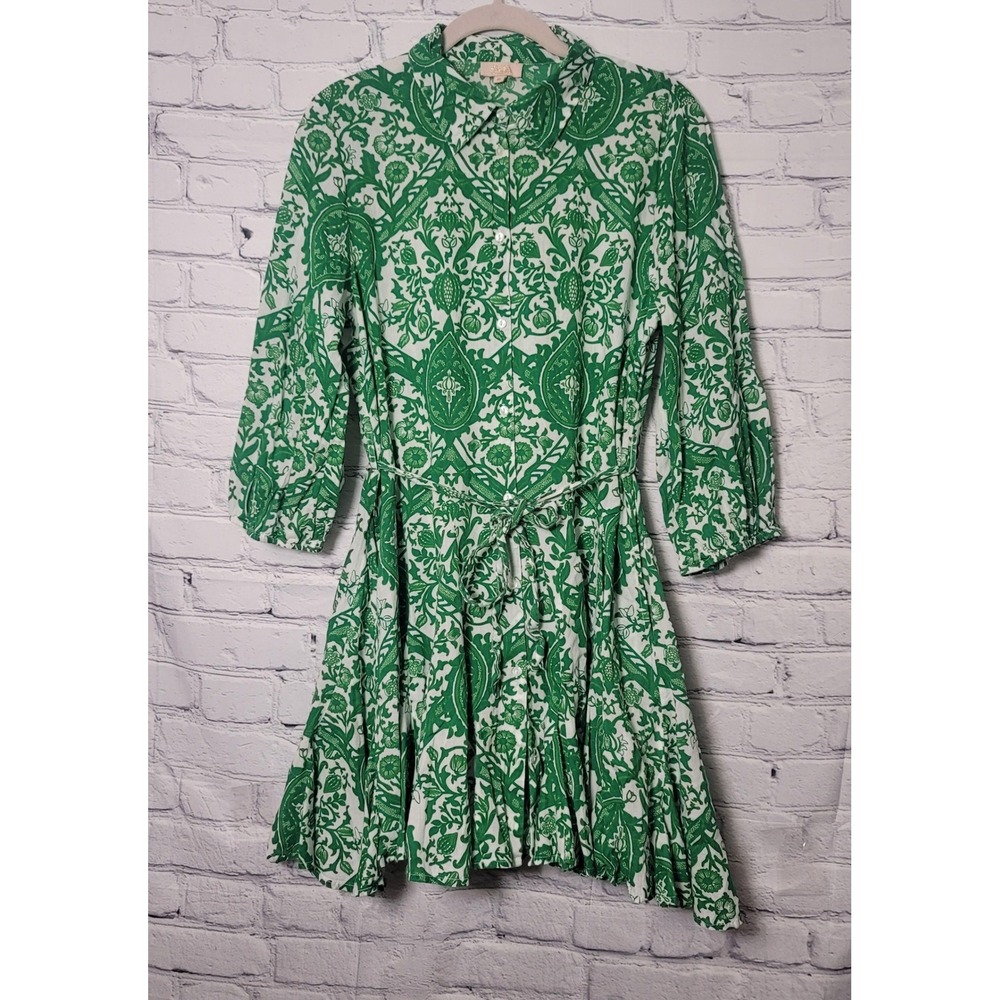 Goa Paris Green White Floral Cotton Shirt Dress 3/4 Sleeve Pockets M Cottagecore